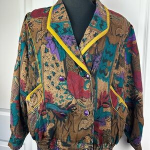 VTG Asian Double Breasted Jacket Womens XL Floral Multicolor Pattern Blazer Chic